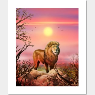 Lion king a wild animal. Sunset Wild African lion in nature. Retro style. Realistic Oil painting illustration. Wildlife Hand Drawing poster Posters and Art